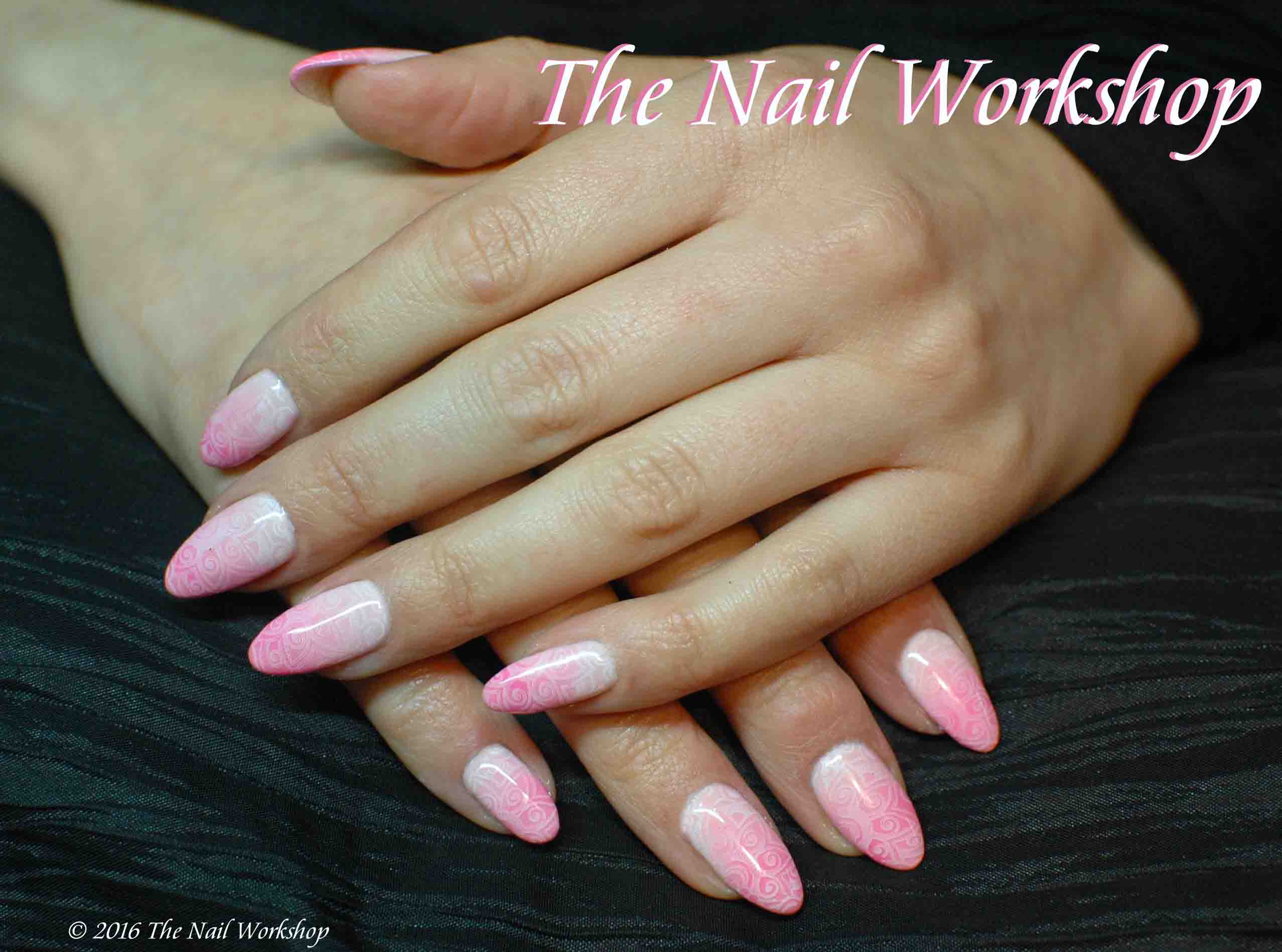 Pink and White Gel Polish Ombre with White Stamping